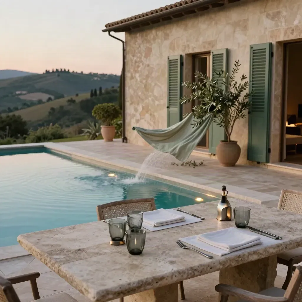 Terrazza di villa toscana con piscina lunga, tavolo in pietra e persiane aperte al tramonto.