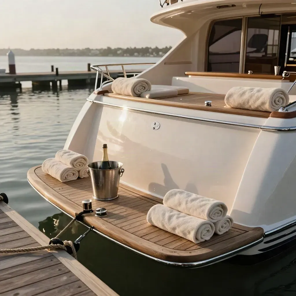 Poppa di yacht di lusso pronta all’ormeggio, con teli, secchiello e cima al pontile.