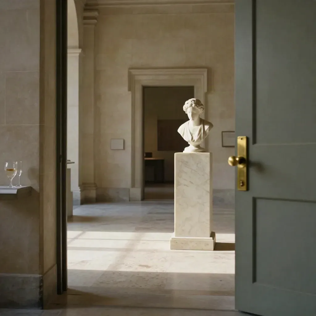 Galleria museale privata con plinto in marmo, portale del chiostro e due calici su una mensola.