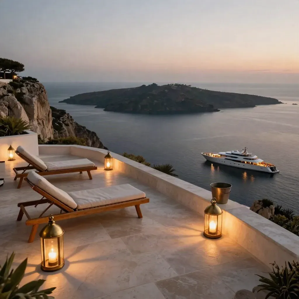Terrazza di suite sul mare con yacht privato, lanterne e scalinate al tramonto.