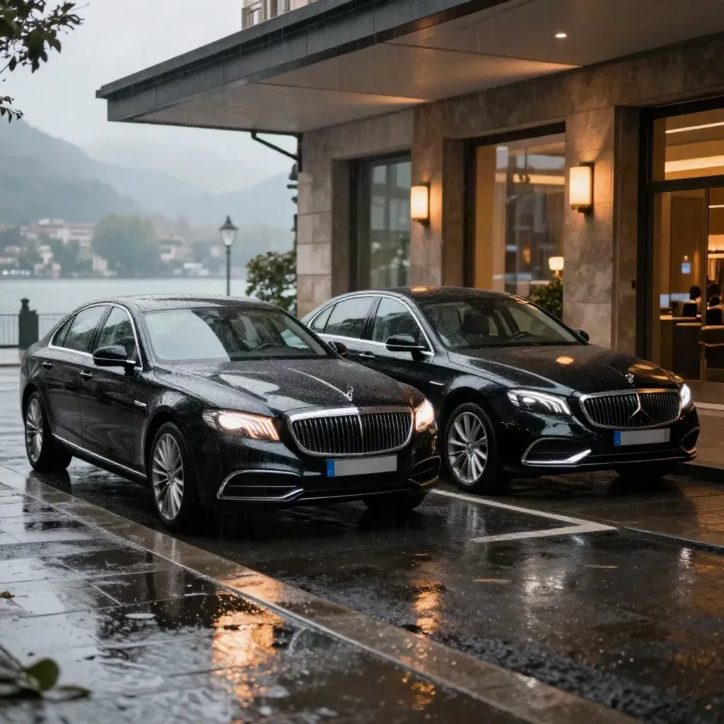 Due berline nere davanti a un portico d’hotel, suite luminosa sul lago sullo sfondo.
