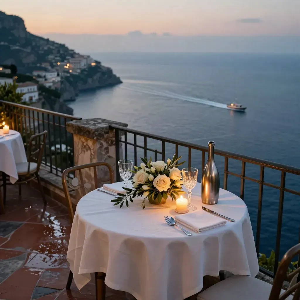 Terrazza romantica sulla Costiera Amalfitana con tavolo a lume di candela e barca sul mare