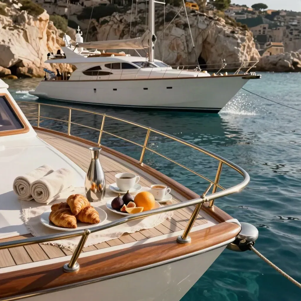 Yacht di lusso in Sardegna con colazione a bordo e tender accanto alla poppa