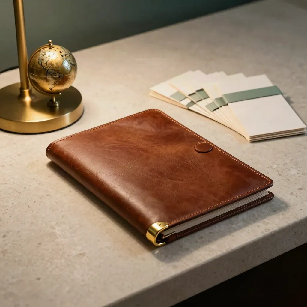 Folio in pelle, globo di ottone e campioni hotel avorio su travertino, luce calda da lampada.