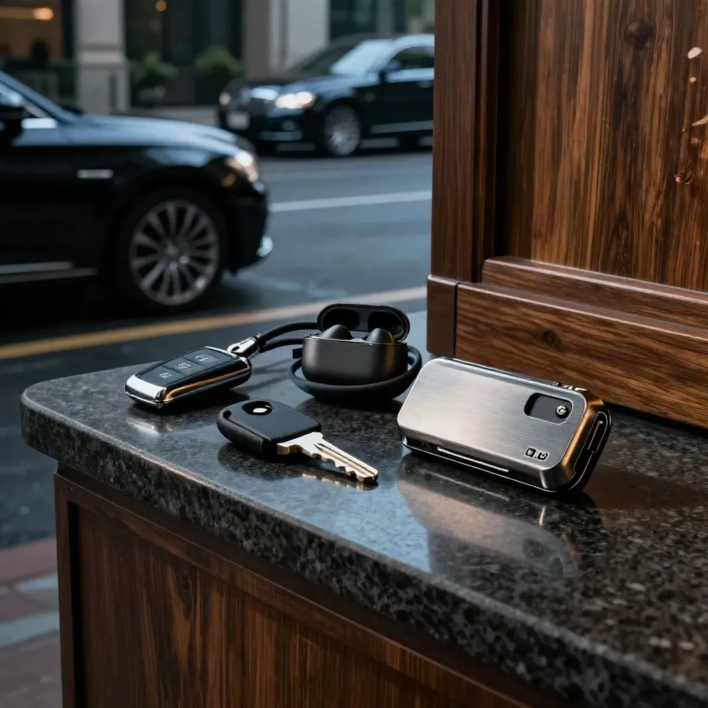 Chiavi VIP, auricolare e tracker bagagli su una banchina d’hotel notturna