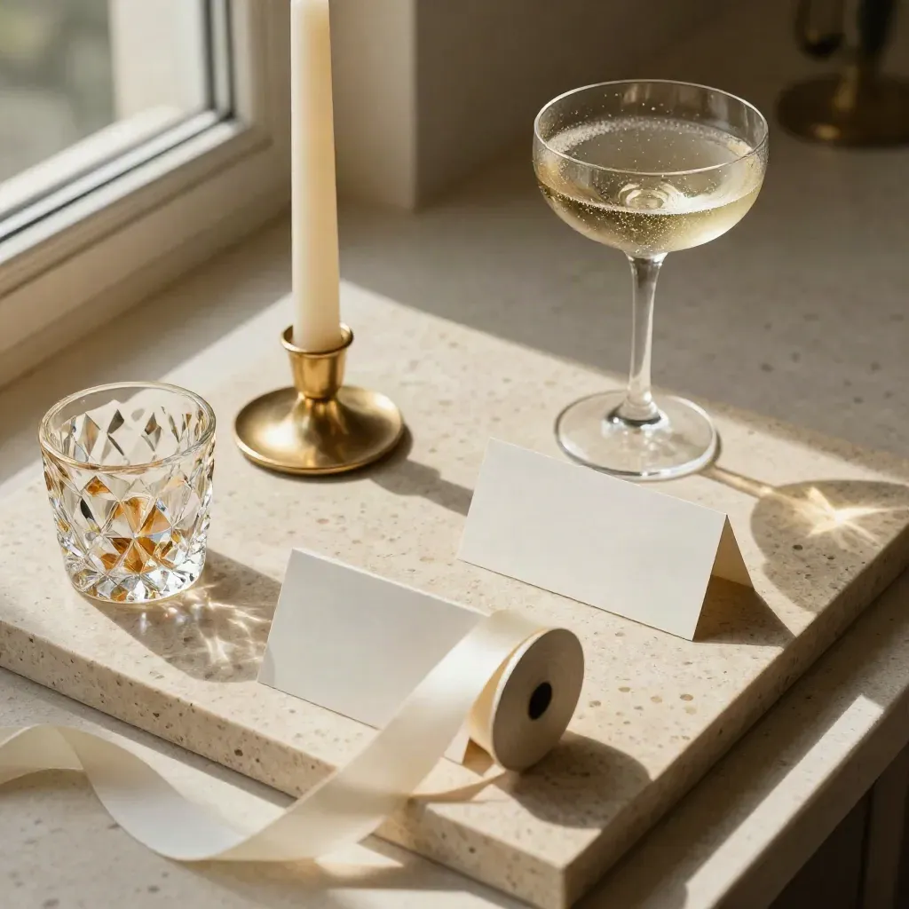 Still life dall'alto con candela, coppa champagne, nastro avorio e segnaposto per eventi privati.