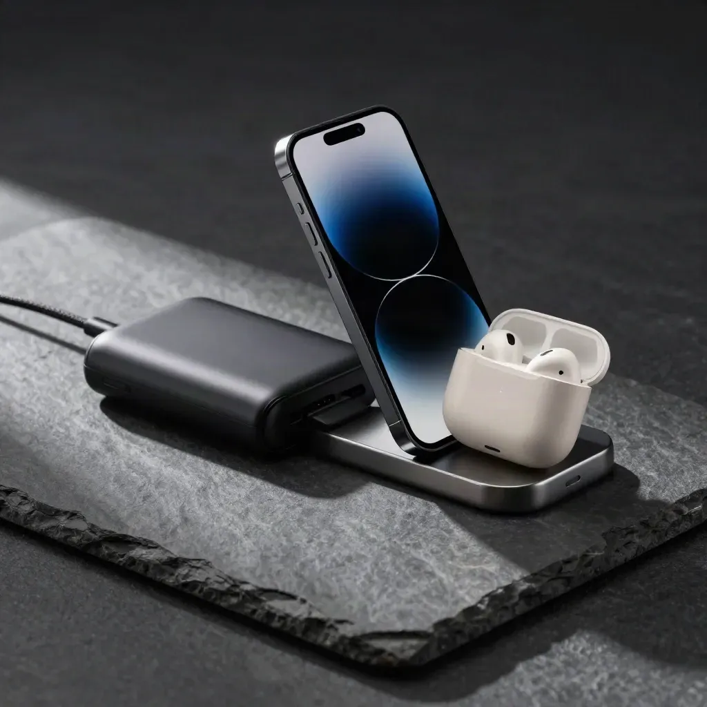 Smartphone in carica con power bank e auricolare su pietra scura, luce notturna soffusa