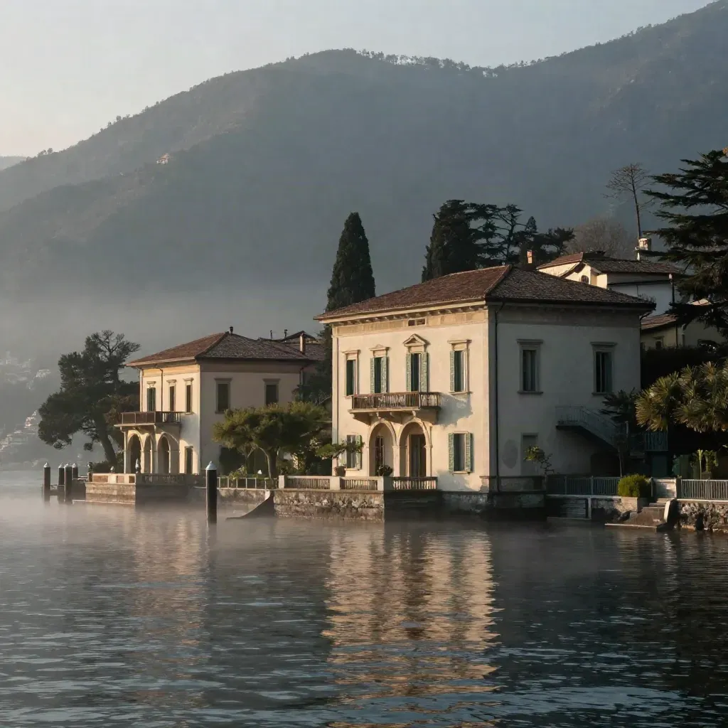 Villa sul Lago di Como all’alba, con foschia, cipressi e acqua calma