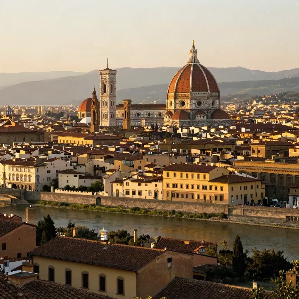 Duomo di Firenze e Arno al tramonto dorato da una terrazza alta