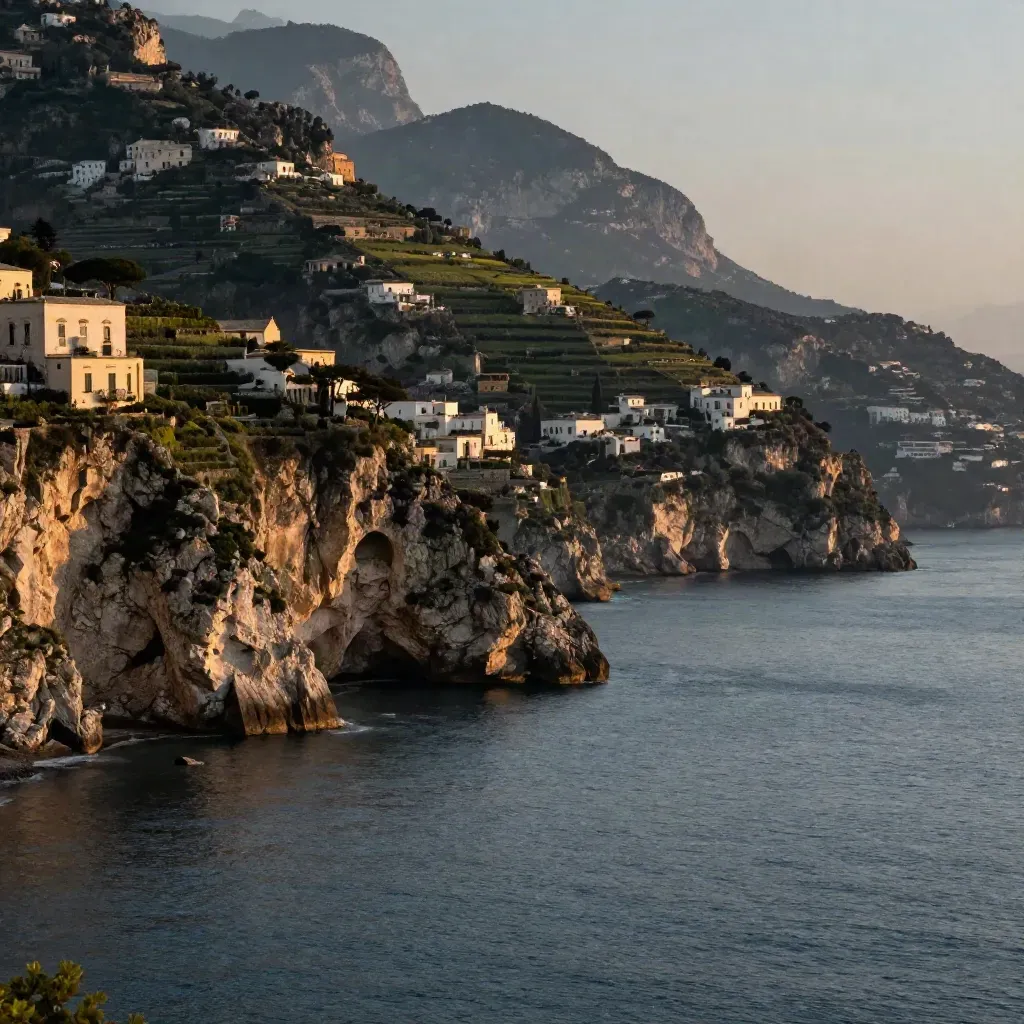 Costiera Amalfitana al tramonto con scogliera, borgo in alto e mare calmo in basso