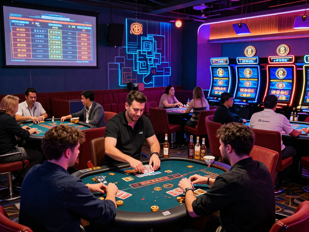 Dynamic scene of a crypto casino with players at tables, showcasing vibrant atmosphere and digital betting screens.