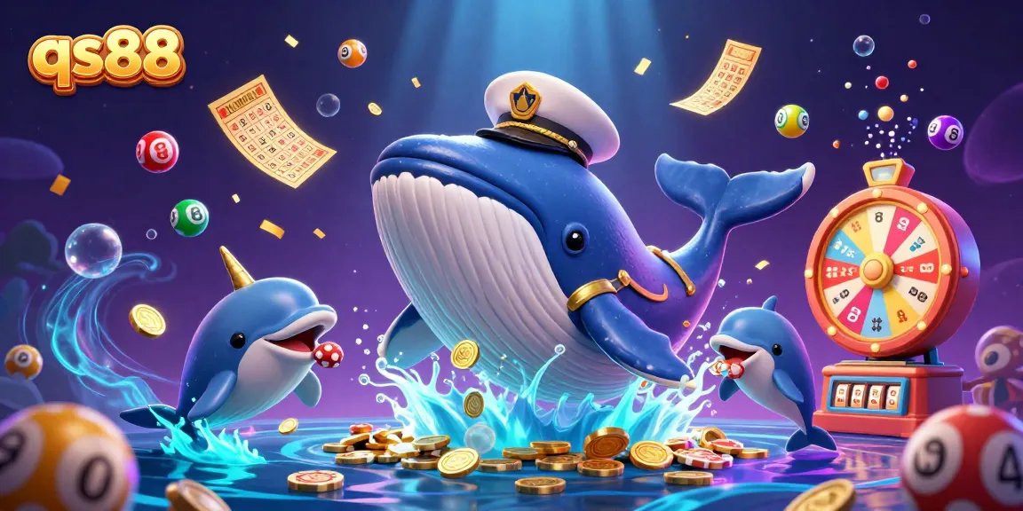 Engage with qs88's vibrant and thrilling casino scene featuring a whimsical whale and exciting lottery elements.