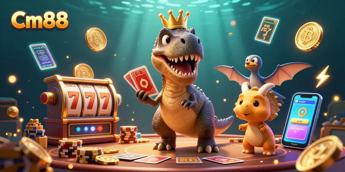 Experience the thrill of gambling with Cm88, featuring a playful T-Rex shuffling cards and vibrant casino elements.