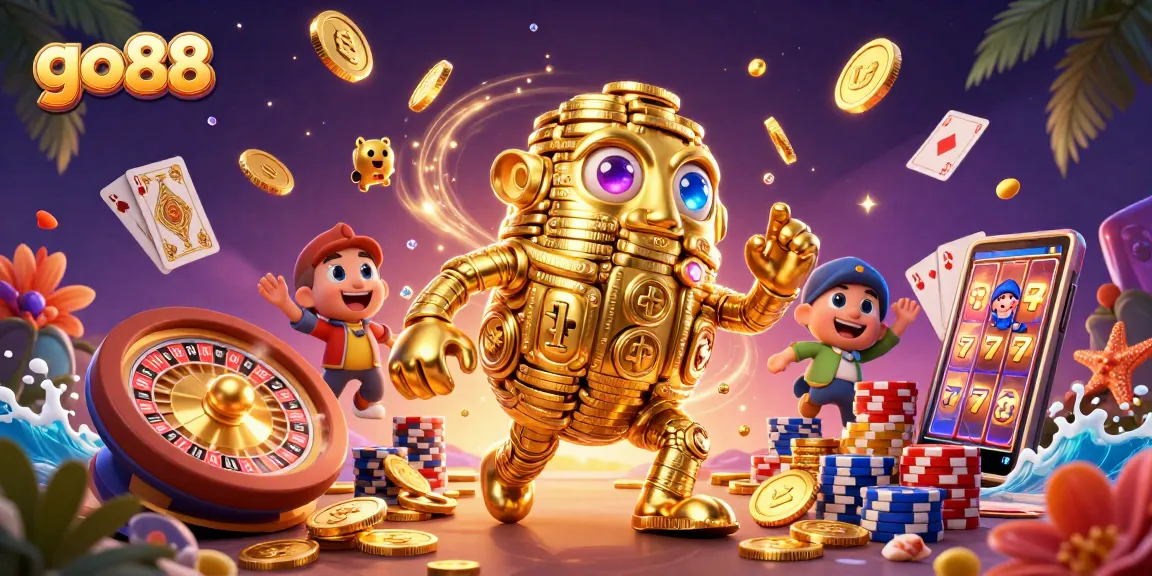 Experience go 88 wins with golden golem amidst cascading coins and vibrant casino elements.