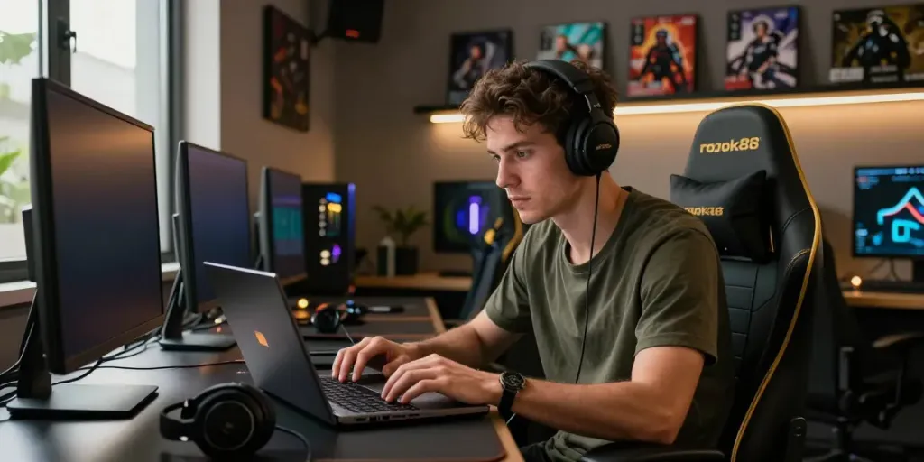 Stylish gaming setup showcasing rokok88 accessories in a modern lounge.