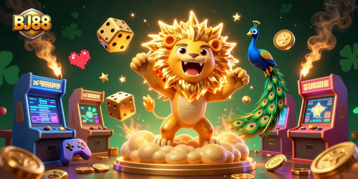 BJ88 offers thrilling entertainment with colorful gaming elements in a vibrant casino illustration.