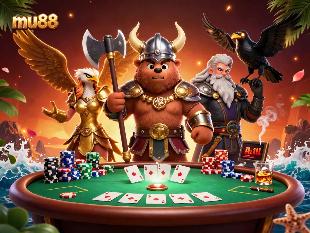 Engage with mu88's exciting poker games alongside a Viking bear and Valkyrie eagle.