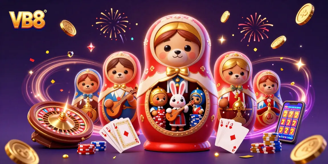 Experience thrilling VB8 gameplay with a cartoon Matryoshka bear surrounded by vibrant casino elements.