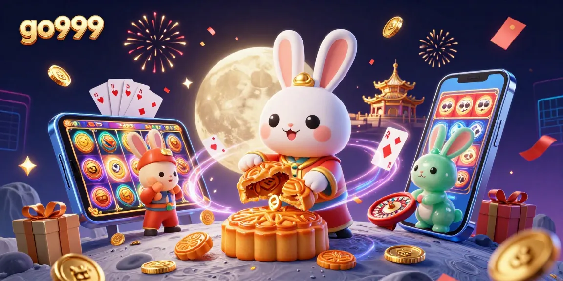 Experience go999 digital gaming with a whimsical moon rabbit and casino elements in a vibrant 3D illustration.