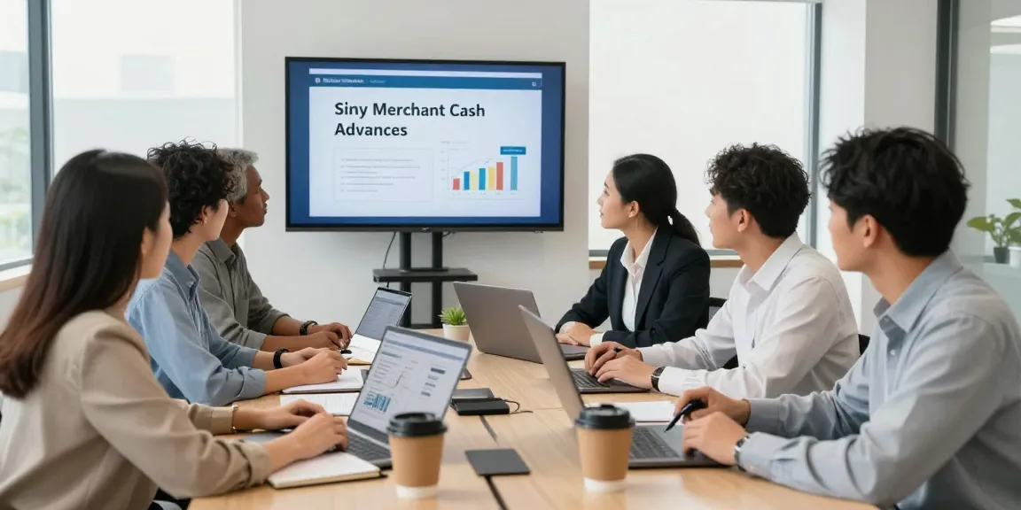 Team discussing same day merchant cash advance strategies in a modern office.