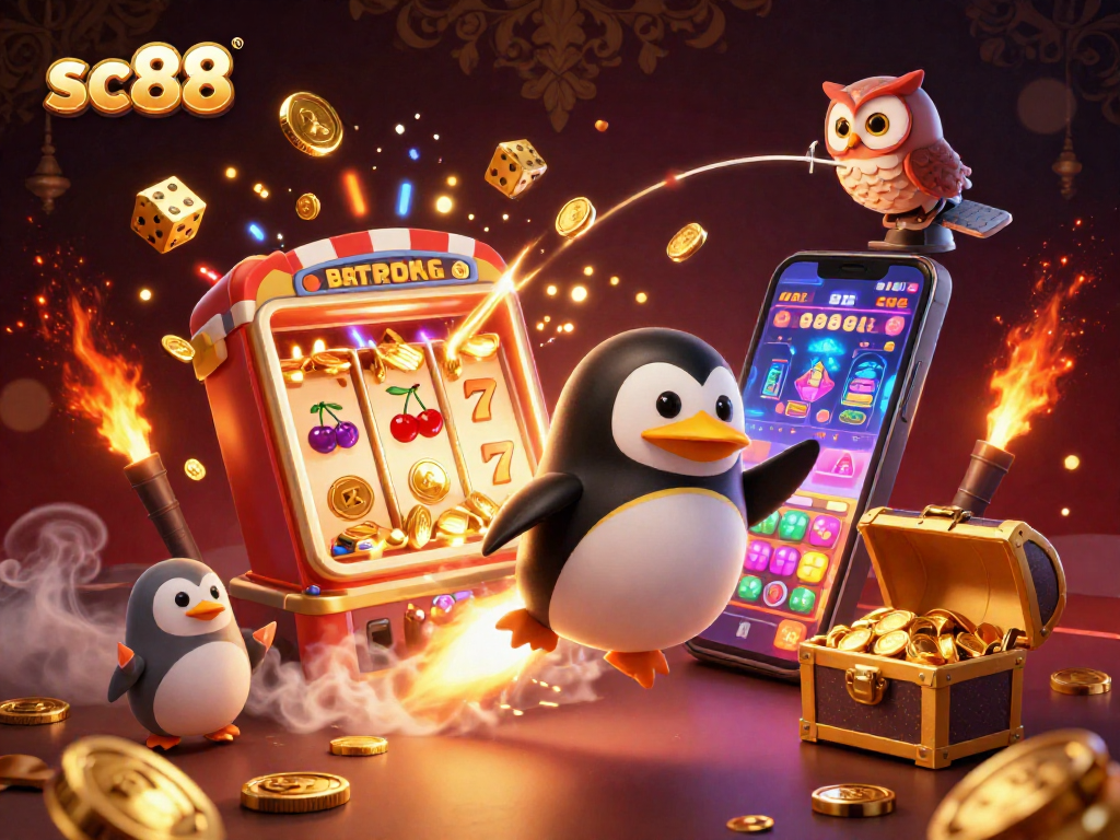 Experience thrilling gameplay at sc88 with a dynamic illustration of a rocket-powered penguin and festive casino elements.