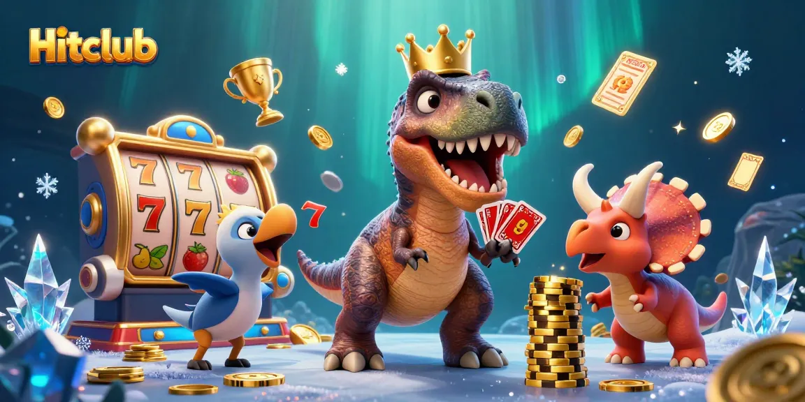 Experience thrilling gaming at Hitclub with a dynamic scene of friendly dinosaurs engaged in exciting casino activities.