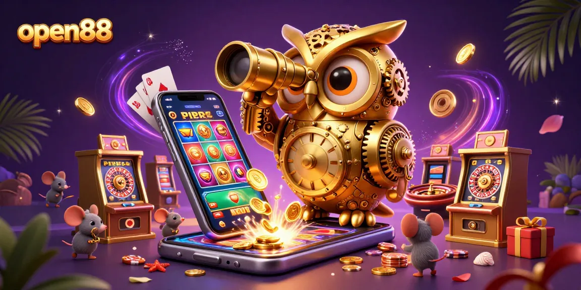 open88 features a glamorous 3D illustration of a clockwork owl in a dynamic casino scene, winning at games.