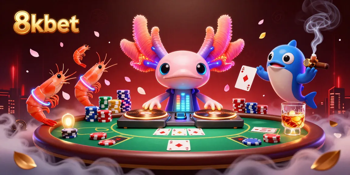 Join the excitement at 8kbet with vibrant 3D casino scene featuring poker and dancing sea creatures.