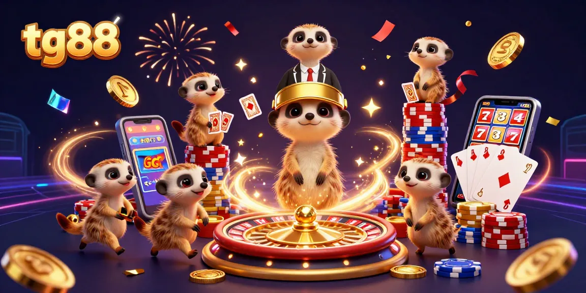 Experience the thrill of tg88 with playful meerkats managing a vibrant casino scene.