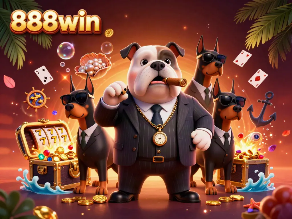 Engage in thrilling gameplay at 888win with a mafia boss bulldog and his Doberman bodyguards amidst vibrant casino elements.