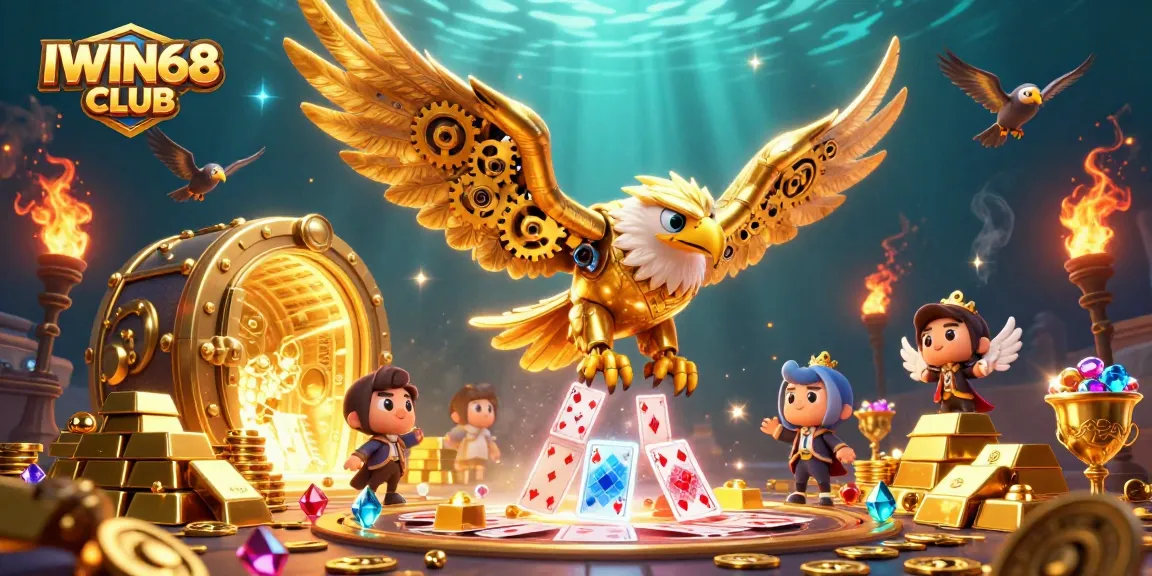 IWIN68 CLUB offers thrilling casino excitement through a 3D dynamic scene of a golden eagle amidst treasures.