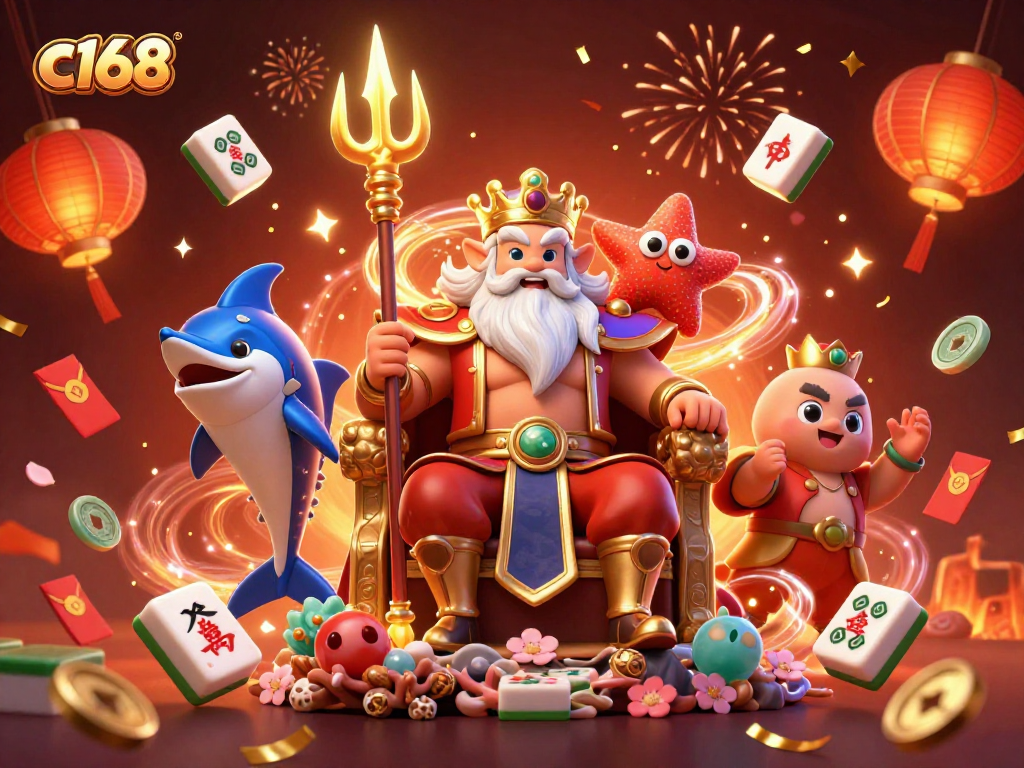 C168 offers thrilling bets as sea king Neptune and samurai guard celebrate with vibrant gaming elements.