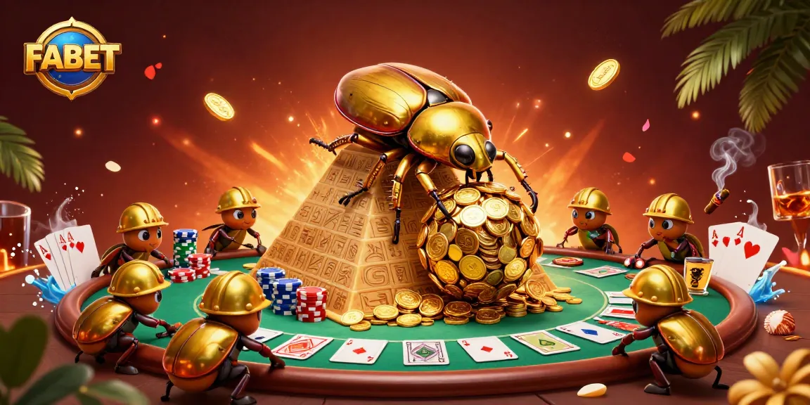 Experience FABET, where a golden dung beetle rolls coins, embodying online casino thrills.