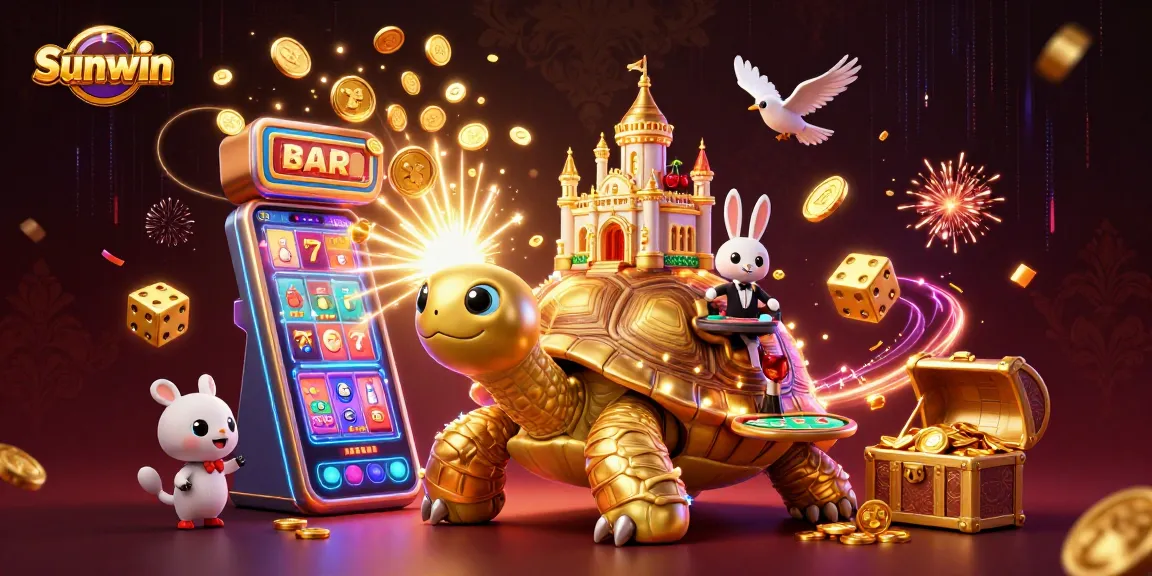 Experience the excitement of Sunwin with a whimsical 3D tortoise casino scene bursting with jackpots and colorful game elements.