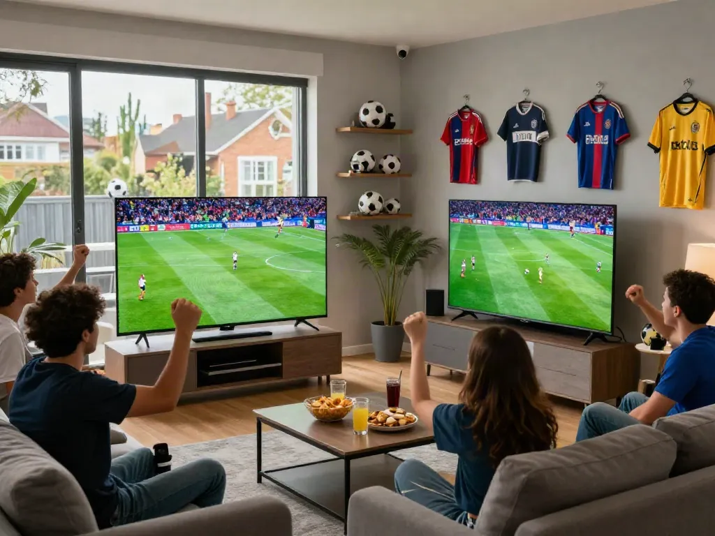 Fans enjoying a thrilling football match on GavangTV in a lively living room.