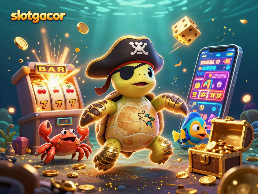 Experience slotgacor fun with a vibrant scene of a pirate turtle and a treasure-filled slot machine explosion.