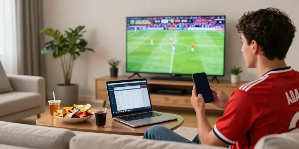 Football fan enjoying live sports on XOILACTV with snacks and stats.