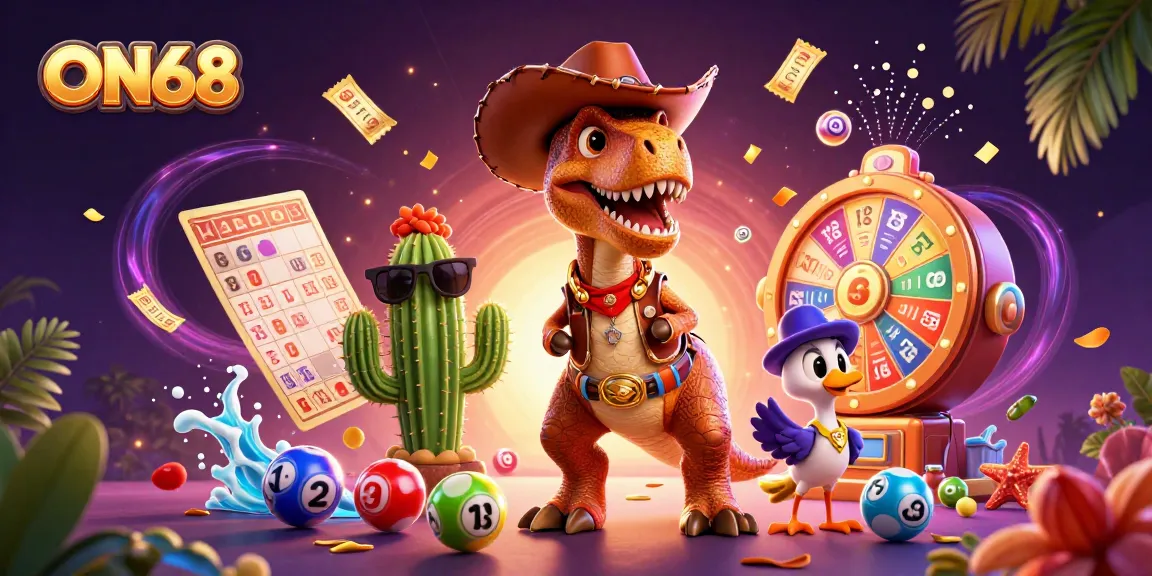 Engage with ON68's dynamic casino scene showcasing exciting lottery elements and vibrant characters.