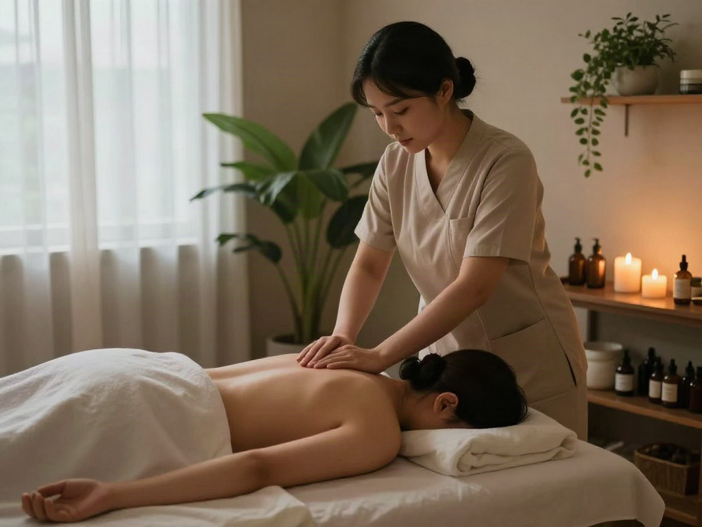 Relaxation during a 성남출장마사지 in a serene massage studio with soothing ambiance.
