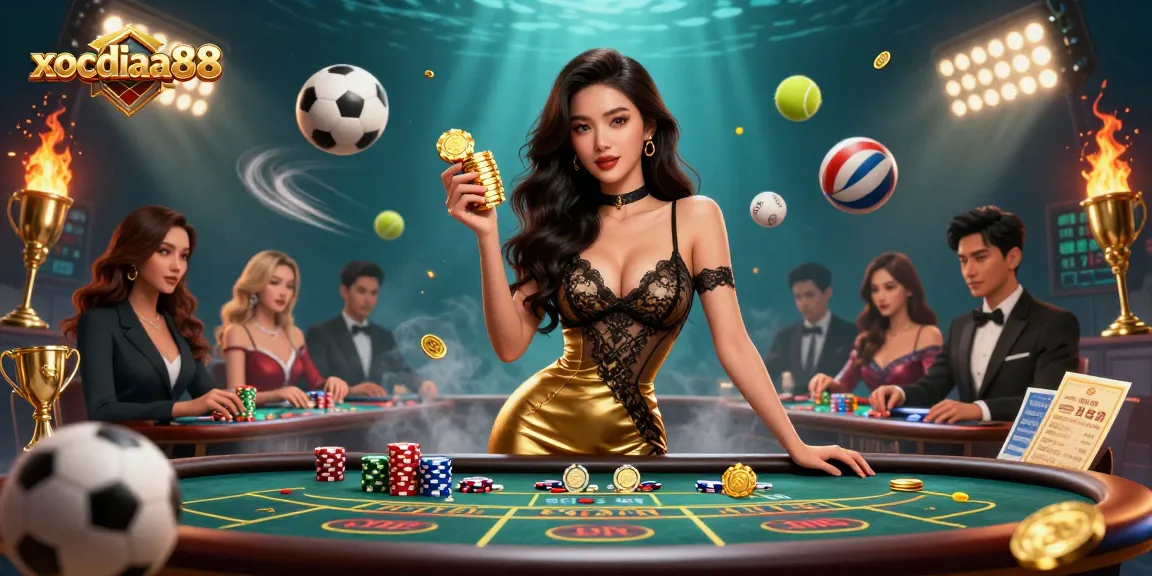 Xocdiaa88 showcases a glamorous Asian woman at a high-stakes baccarat table, elevating the online casino experience.