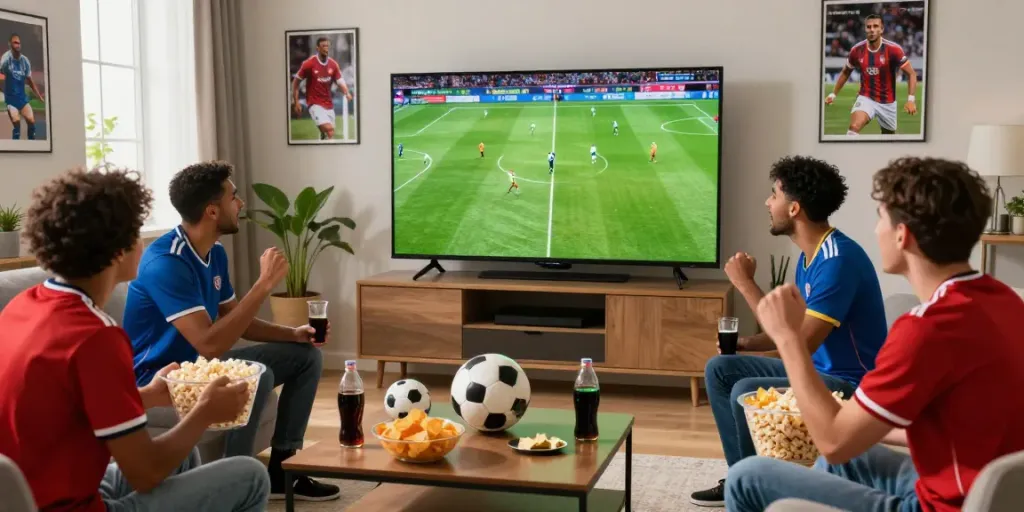 Fans enjoying a live gavangtv soccer match in a lively living room atmosphere.