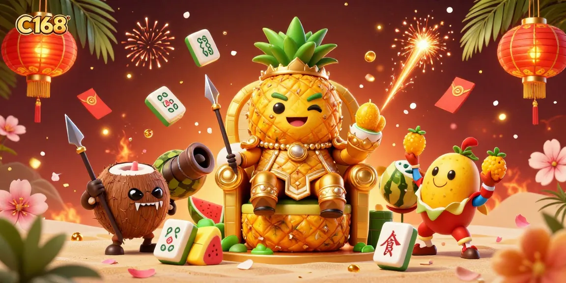 C168 casino illustration with a tropical king, vibrant game elements, and a dynamic beach setting.