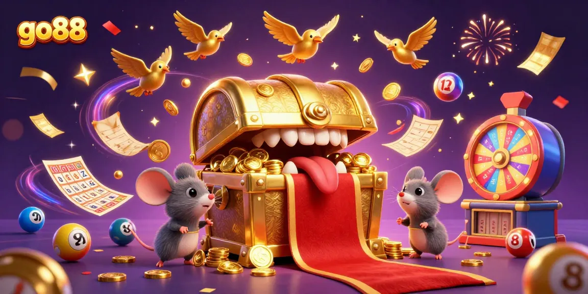Experience excitement at go88 with a dynamic lottery scene filled with vibrant balls and golden treasures.