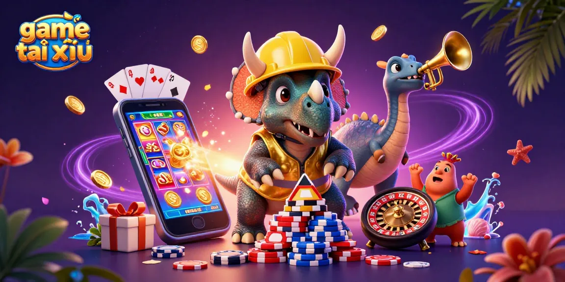 Engage in game tài xỉu with vibrant visuals of characters celebrating wins amidst casino elements.