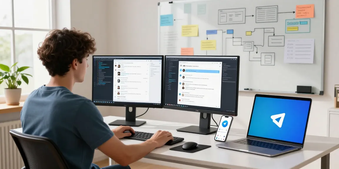 Download Telegram app showcased on a developer's desk with modern tech setup