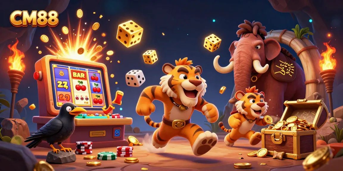 Experience the thrill of CM88 at a prehistoric casino with unique characters and vibrant gaming elements.