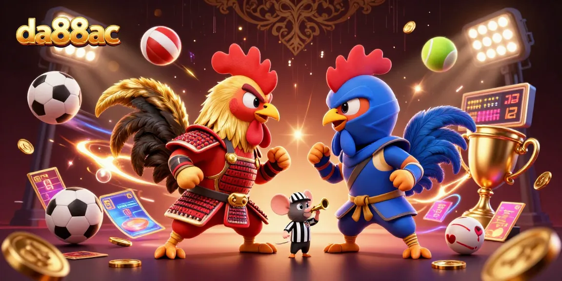Witness thrilling action at da88ac with 3D cartoon fighting roosters in a dramatic gambling showdown.