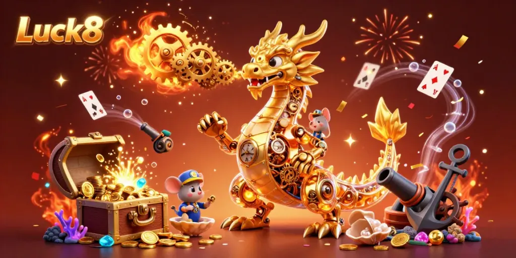 Experience thrilling gameplay with Luck8 in an ultra-detailed 3D casino scene featuring golden dragon and festive elements.