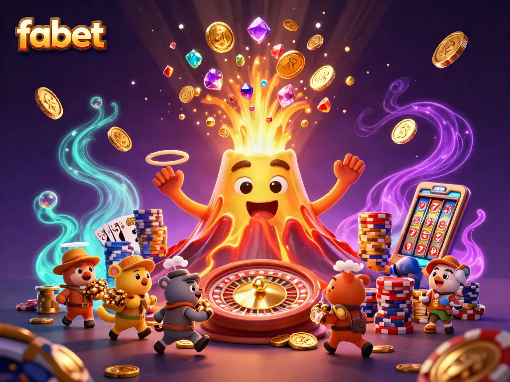 Fabet players collect rewards from golden treasures and cascading coins in this vibrant casino scene.