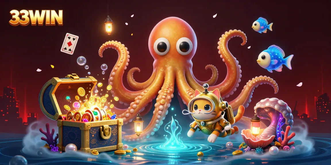 Experience the underwater adventure of 33WIN with a kraken, a diving cat, and vibrant casino elements!